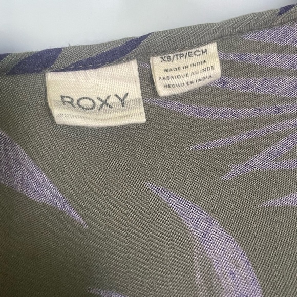 Roxy XS Boho Palm Leaf Blouse Top Olive Purple Bell Sleeve Embroidered Tunic - Picture 3 of 10